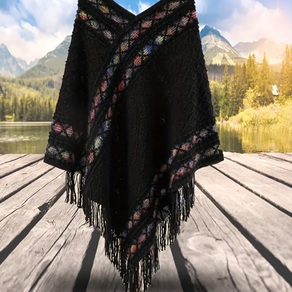 Black Poncho with Multicolor Accents NEW - Picture 1 of 4